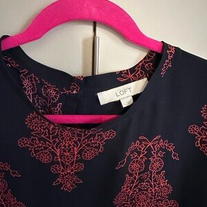 LOFT Navy Blouse with Pink Floral Design